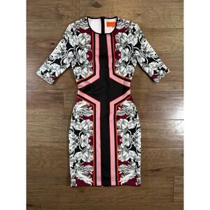 Clover Canyon XS Floral Geometric Neoprene Bodycon Sheath Dress Black‎ Burgundy